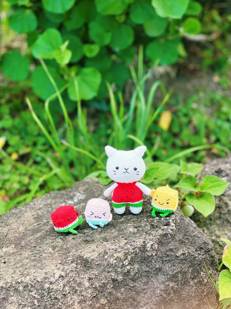 かわいいスイカニャンコ　ネコちゃん編みぐるみ　癒し系　楽しい夏スイカ変装　ストラップ/バッグチャーム/置物(受注制作)