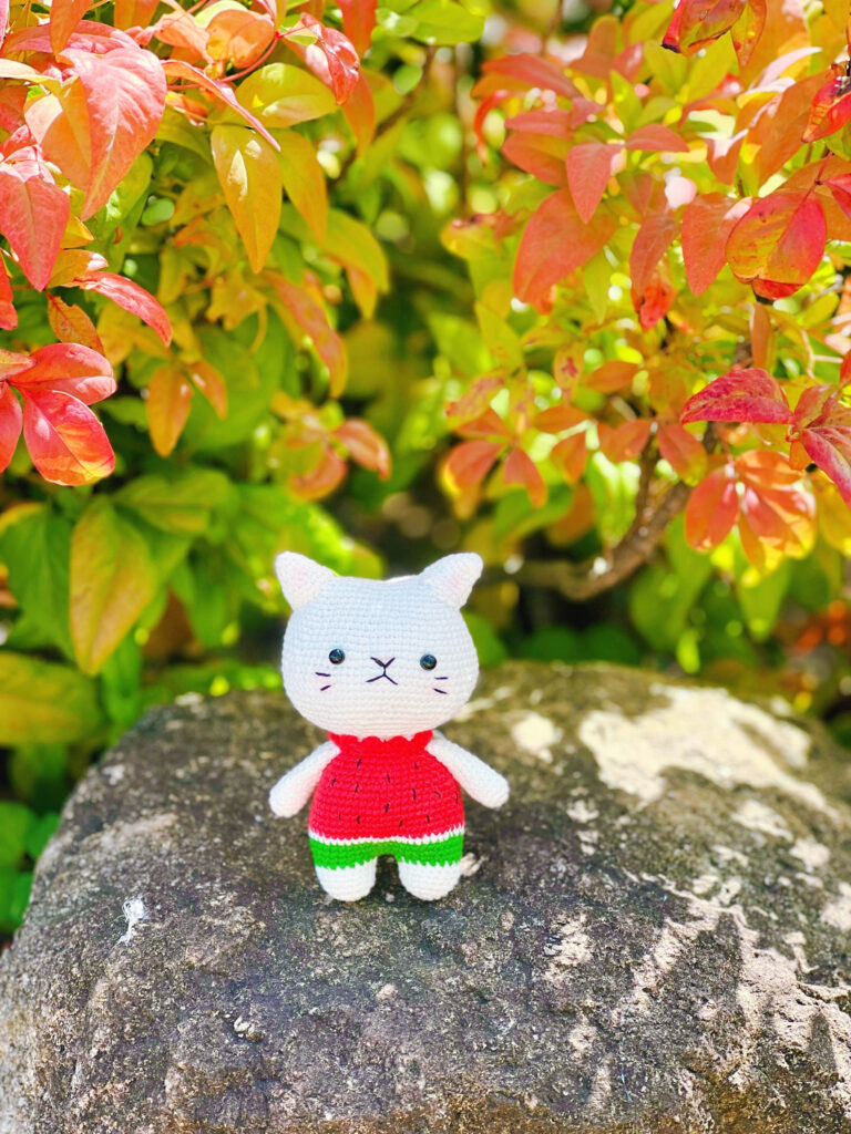 かわいいスイカニャンコ　ネコちゃん編みぐるみ　癒し系　楽しい夏スイカ変装　ストラップ/バッグチャーム/置物(受注制作)