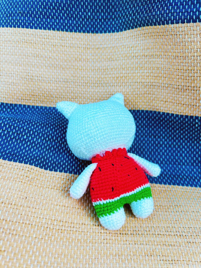 かわいいスイカニャンコ　ネコちゃん編みぐるみ　癒し系　楽しい夏スイカ変装　ストラップ/バッグチャーム/置物(受注制作)