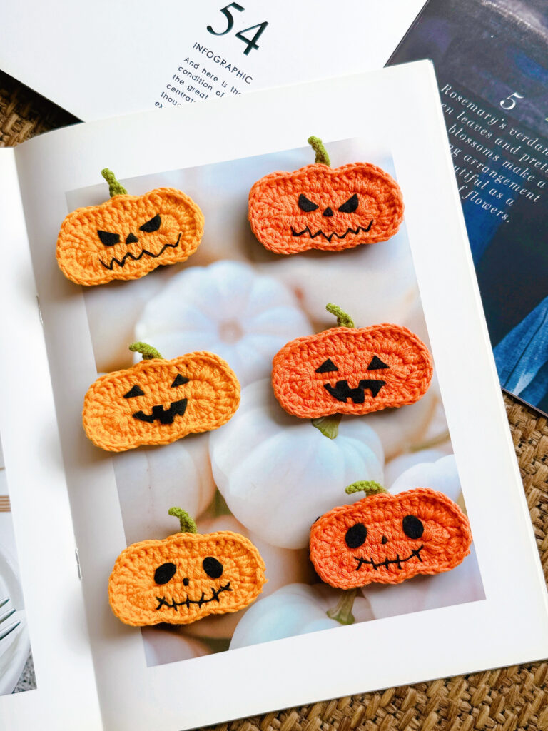 ハロウィン★かぼちゃのヘアアクセサリー＆ブローチ｜パンプキン・ジャックオーランタン｜ハンドメイド　手編み　仮装