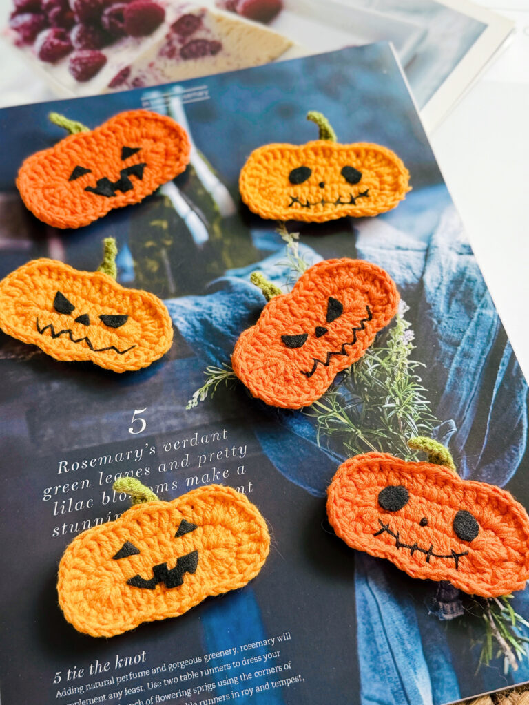 ハロウィン★かぼちゃのヘアアクセサリー＆ブローチ｜パンプキン・ジャックオーランタン｜ハンドメイド　手編み　仮装