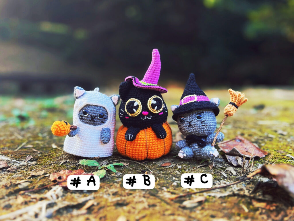 ゴーストネコ　ネコの魔法使い　カボチャネコ　パンプキン　編みぐるみ　秋　ハロウィン　飾り　かぎ編み　撮影小物　置物