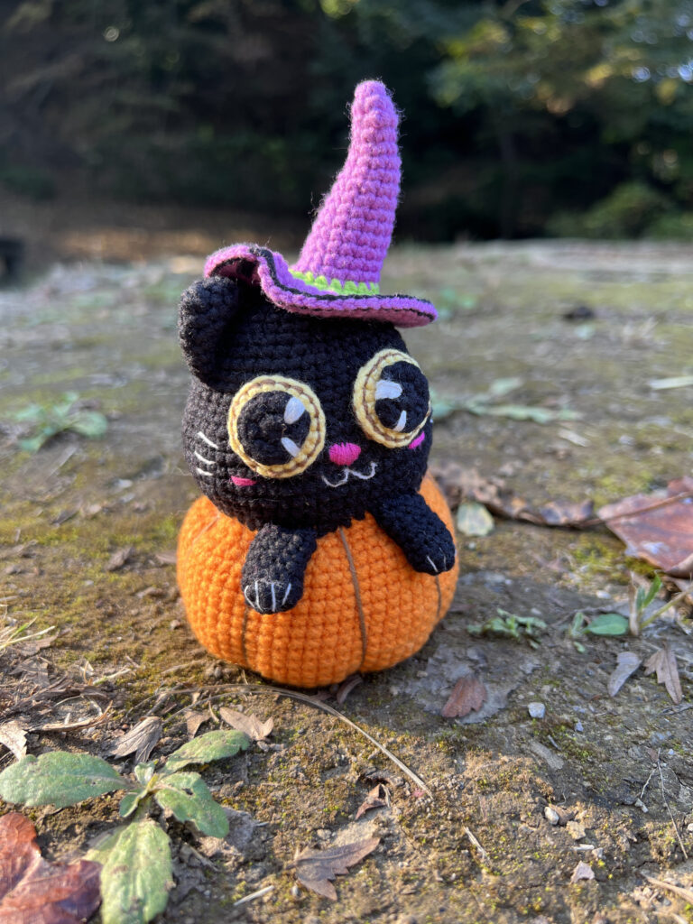 ゴーストネコ　ネコの魔法使い　カボチャネコ　パンプキン　編みぐるみ　秋　ハロウィン　飾り　かぎ編み　撮影小物　置物