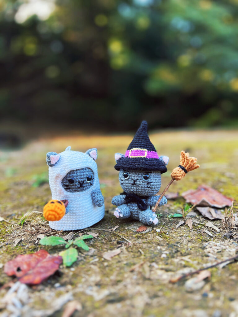ゴーストネコ　ネコの魔法使い　カボチャネコ　パンプキン　編みぐるみ　秋　ハロウィン　飾り　かぎ編み　撮影小物　置物