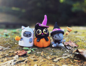 ゴーストネコ　ネコの魔法使い　カボチャネコ　パンプキン　編みぐるみ　秋　ハロウィン　飾り　かぎ編み　撮影小物　置物