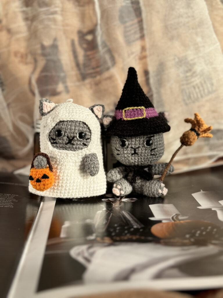 ゴーストネコ　ネコの魔法使い　カボチャネコ　パンプキン　編みぐるみ　秋　ハロウィン　飾り　かぎ編み　撮影小物　置物